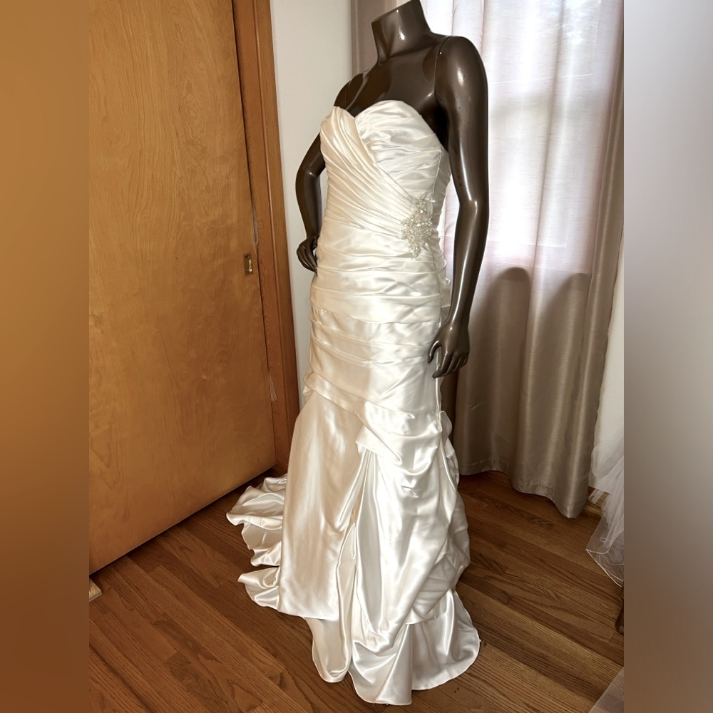 David’s Bridal style WG3339 soft white satin wedding dress.